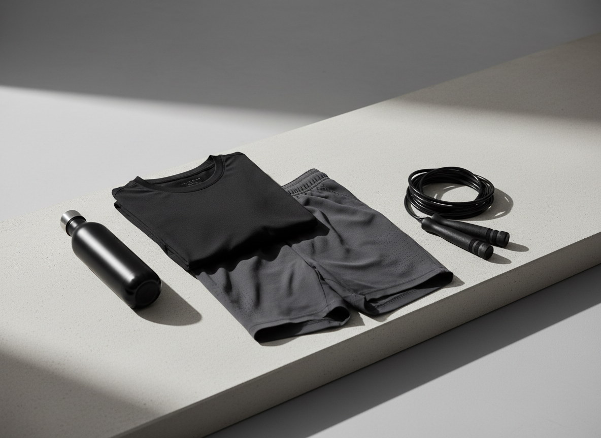 A meticulously folded set of men’s minimalist gym apparel, featuring a matte black performance t-shirt and tailored charcoal training shorts, rests on a smooth, light concrete slab. Beside them lies a sleek, black stainless-steel water bottle and a neatly coiled jump rope with rubberized handles. Soft, diffused daylight from an unseen window washes across the scene, creating subtle highlights on technical fabrics and gentle shadows that emphasize clean lines. Shot from a slightly elevated, eye-level angle with shallow depth of field, the background fades into a soft gray gradient. The mood is calm, sophisticated, and focused, conveying premium quality and functional elegance in a highly photographic, modern minimalist style.